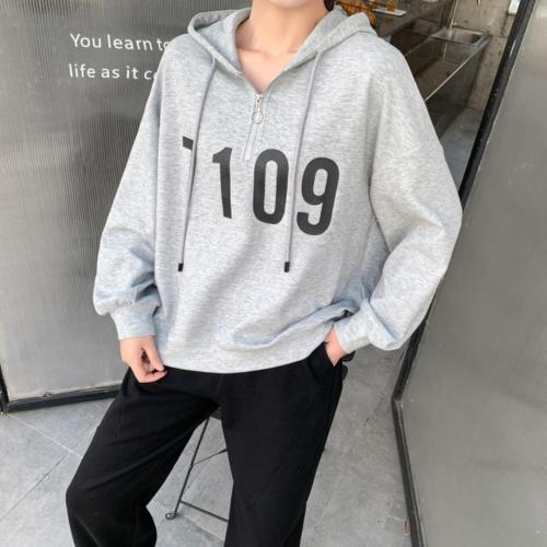 【现货】2021新款春纯色简约数字印花半开拉链连帽卫衣,女装卫衣/绒衫,壹题YITI