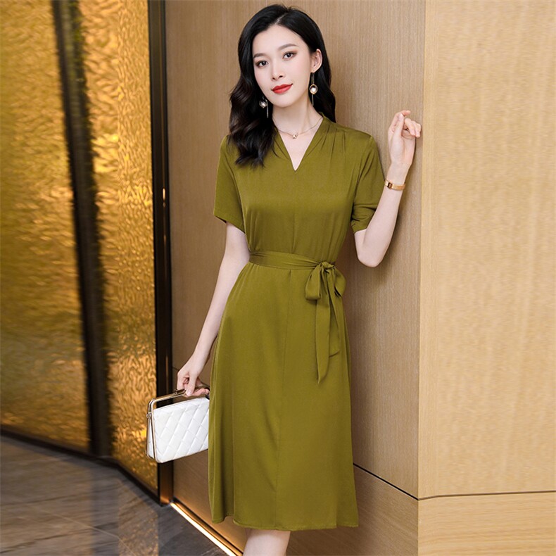 真丝连衣裙中长款2026夏季新款时尚短袖收腰重磅真丝裙子小个子,女装连衣裙,阿舍尔精品