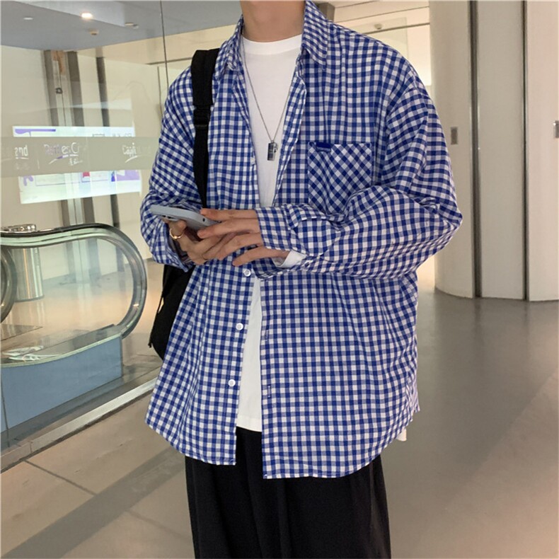 原宿新款衬衣格子衬衫男长袖宽松港风韩版ins百搭上衣W1091-P33,男装衬衫,星座512-2