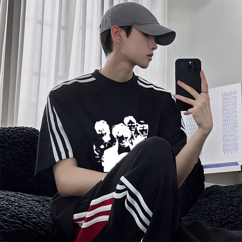 抖音得物高品质二开240克宽松纯棉美式潮牌三条杠织带短袖T恤图片