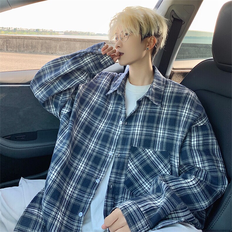 衬衫男春季新款港风宽松磨毛格子长袖衬衣CS601-特P27无差价,男装衬衫,星座214-3