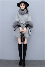 芷墨新款时尚洋气斗篷外套简约系带大毛领加厚毛呢外套女，女装针织衫/毛衣，芷墨服饰