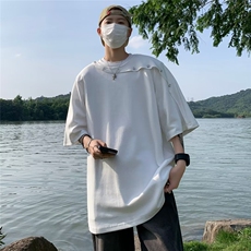 夏季高级感垫肩短袖T恤男解构拼接纽扣设计感韩版简约上衣潮，男装T恤，星座716-4