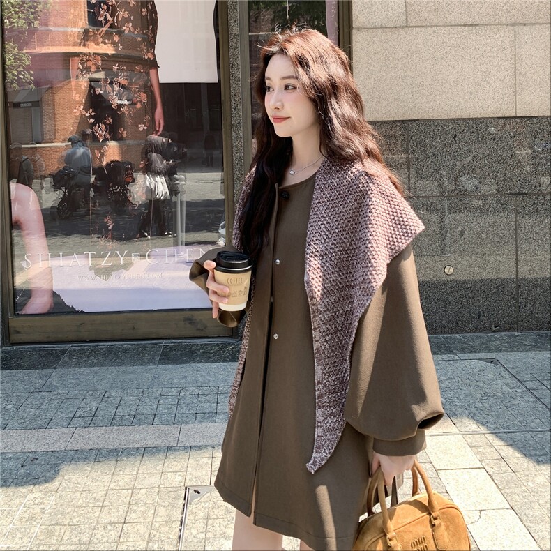 针织披肩风衣外套女2025秋季新款宽松休闲小个子收腰系带气质大衣,女装风衣,2C253