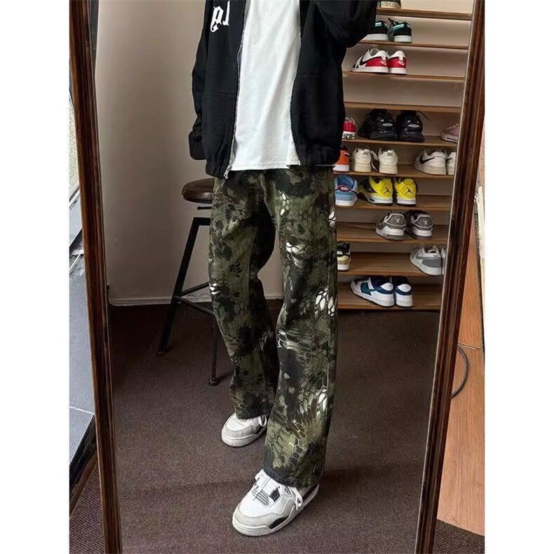 美式迷彩微喇工装裤男款休闲复古蛇纹子弯刀窄版修身显高长裤,男装牛仔裤,四季星座505