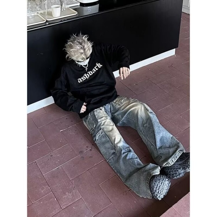 多口袋工装牛仔裤男痞帅水洗做旧潮宽松阔腿裤男网图NZK362-P68,男装牛仔裤,星座302B-2