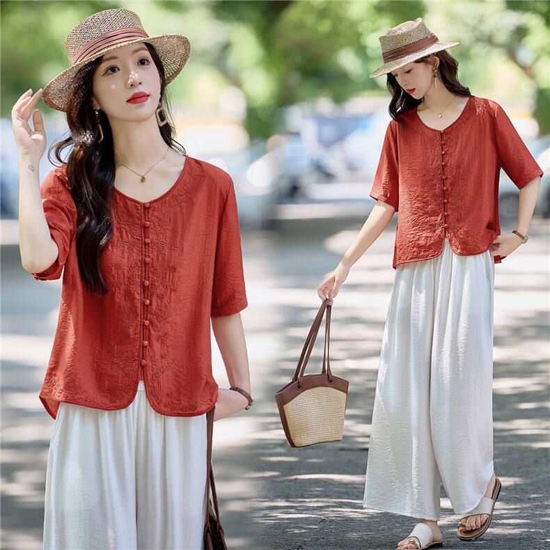 新中式国风套装女2025夏新款巨好看的高级感大方得体阔腿裤两件套，女装套装/套裙，魅影