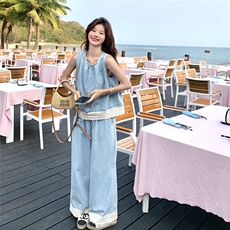 盐甜系穿搭无袖薄款牛仔上衣套装女夏新款休闲舒适阔腿长裤两件套，女装套装/套裙，2C217