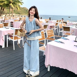 盐甜系穿搭无袖薄款牛仔上衣套装女夏新款休闲舒适阔腿长裤两件套图片