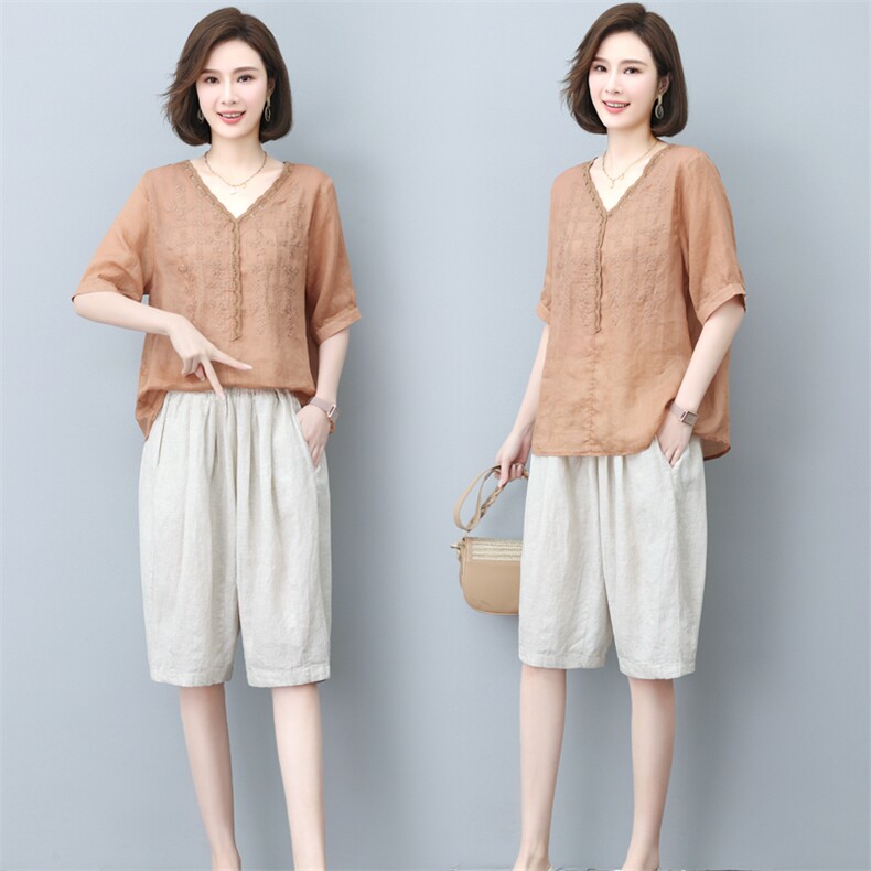 轻奢女装舒适休闲棉麻五分裤夏季薄款时尚宽松透气哈伦短裤中裤，女装套装/套裙，璐依舞