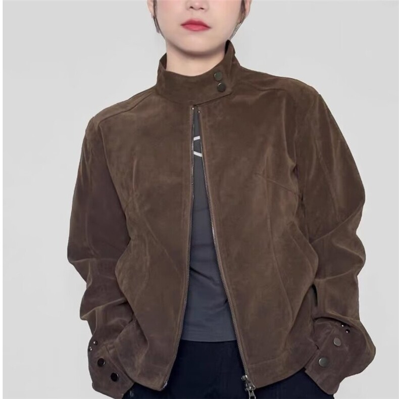 HT239-P702025秋冬季复古美拉德翻领鹿皮绒宽松百搭机车服夹克,男装夹克,电商B323A
