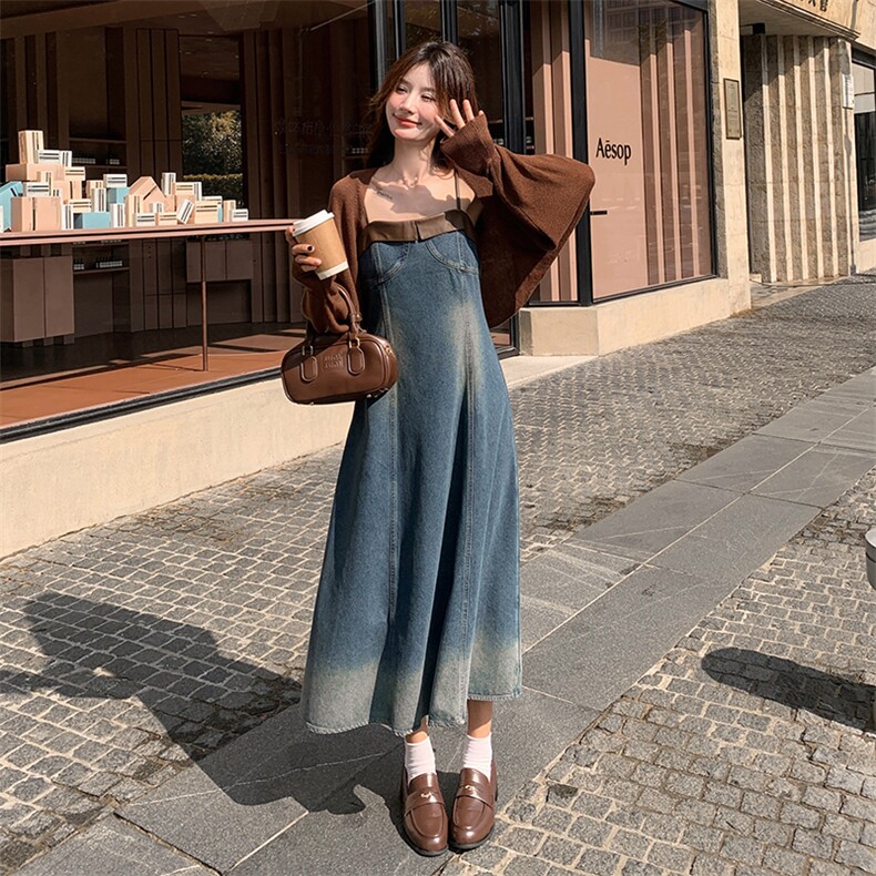 咖色小衫牛仔吊带裙2025新款女春夏复古气质轻熟连衣裙,女装连衣裙,维壹