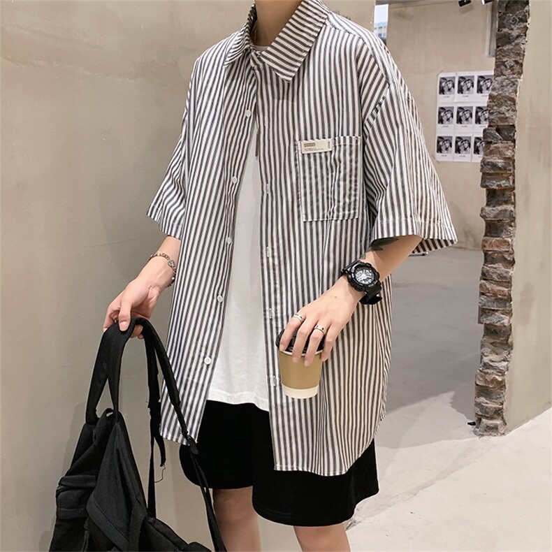 夏季韩版潮流百搭情侣条纹衬衫帅气休闲长袖男士衬衣CC06P40,男装衬衫,电商D321A