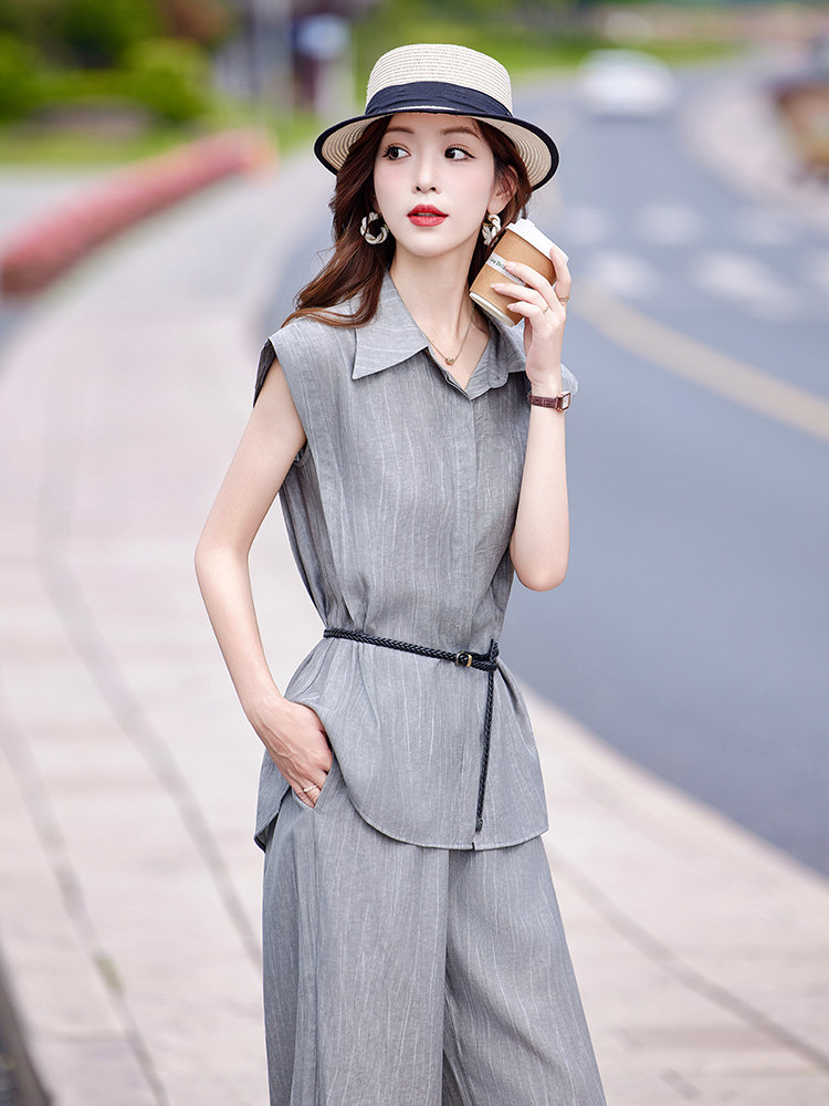 老钱风灰色时尚套装女2025夏季新款时尚通勤翻领衬衫阔腿裤两件套,女装套装/套裙,靓衣阁