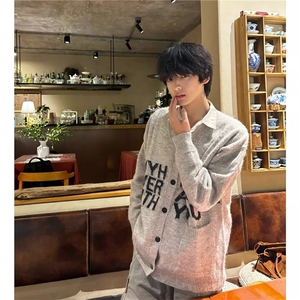 字母提花V领开衫毛衣男女秋季软糯慵懒风针织衫美式高级感外套潮图片