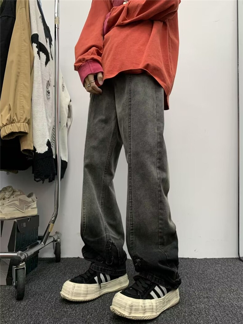 新款渐变毛边牛仔裤男美式街头设计感个性情侣直筒长裤7022-p50图片