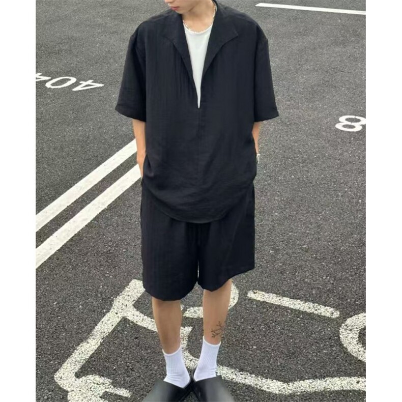现货网图！亚麻天丝老钱风亚麻莱赛尔假两件-EX50976-特批40，男装休闲套装，电商A061