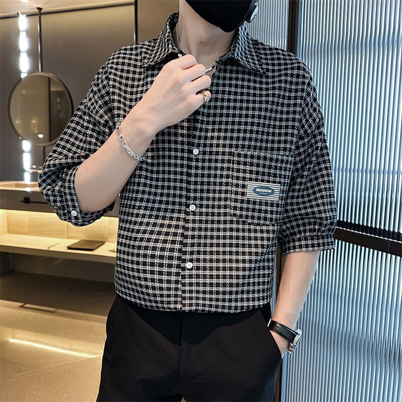 社会小伙2025春季新品衬衫男士格子衬衫七分袖打底衫901C02P58,男装衬衫,星座901