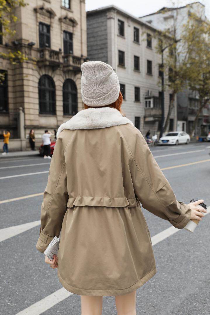 2021早冬上新拼毛领双口袋腰间抽绳设计派克服，女装，红雀纺