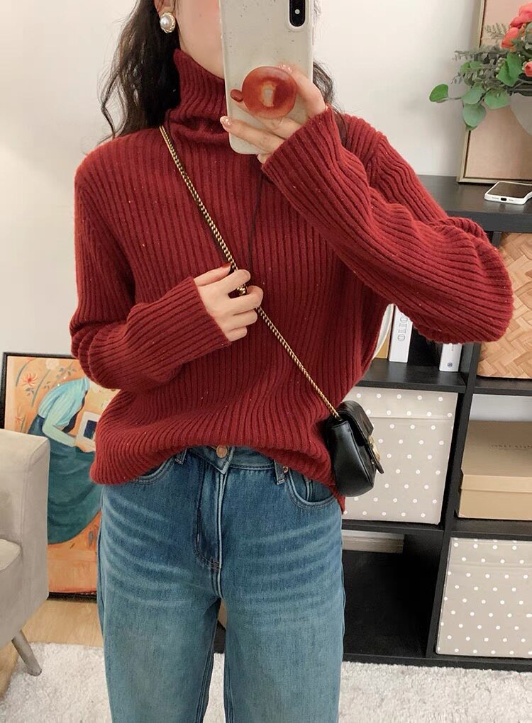 时尚女士秋冬彩点一线宽抽条高翻领羊毛衫显瘦百搭保暖针织衫,女装羊毛衫,牧思羊