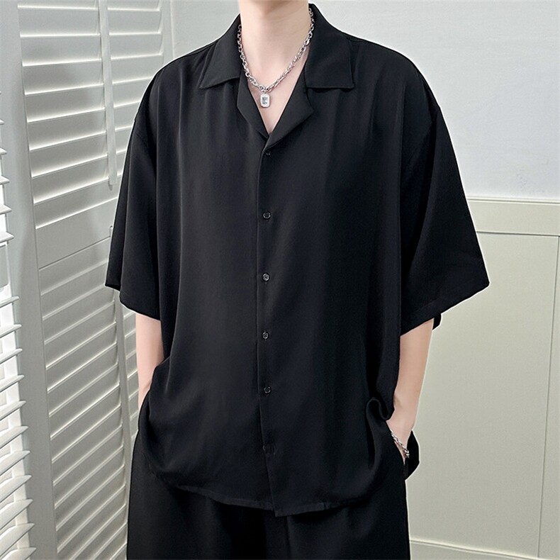 现货-夏季五分袖青少年学生衬杉男宽松冰丝潮牌衬衣-AC23066-P55，男装T恤，电商A351