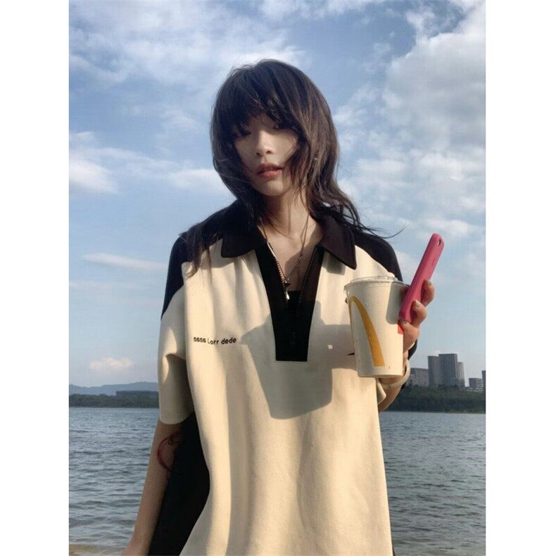 美式学院风撞色拼接polo领短袖T恤女宽松休闲情侣上衣PLD2299-P30,男装T恤,星座1008