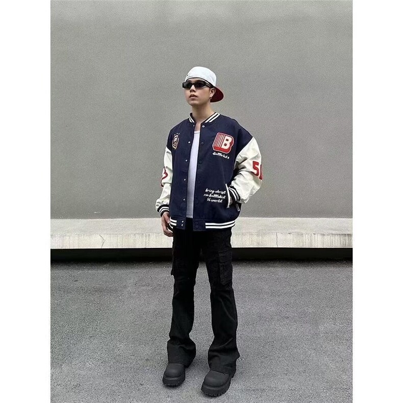 3989-P62男士春秋季潮高街刺绣pu皮拼接棒球服外套男款,男装T恤,电商B323A