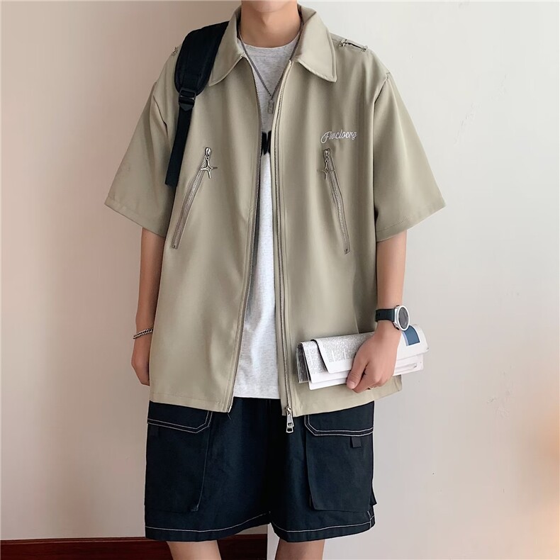 潮新款气质夏季潮流青春流行男衬衫文艺标准百搭纯色简约五分袖,男装T恤,四季星座505