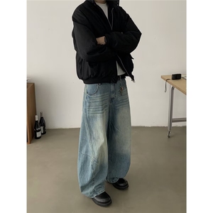 水洗新款弯刀牛仔裤男款复古潮流街头宽松阔腿牛仔裤BA198-P55图片