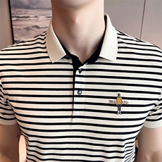 轻奢条纹翻领高档Polo衫大码弹力时尚高级感半袖t恤T08-P48，男装T恤，电商D342