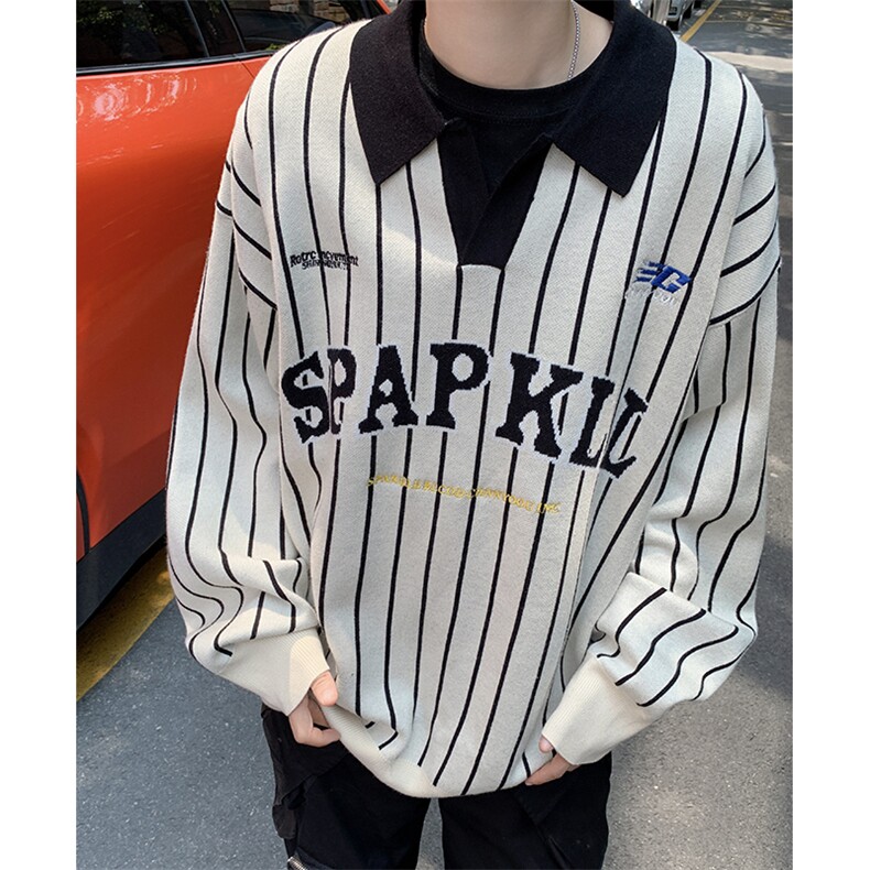 港风秋款男Polo领卫衣条纹字母刺绣宽松外套WY6031P62,男装卫衣,星座1013-1