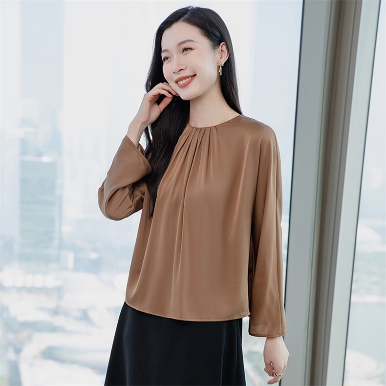 高端真丝上衣女长袖T恤2026春季圆领气质妈妈印花重磅真丝小衫t,女装衬衫,阿舍尔精品