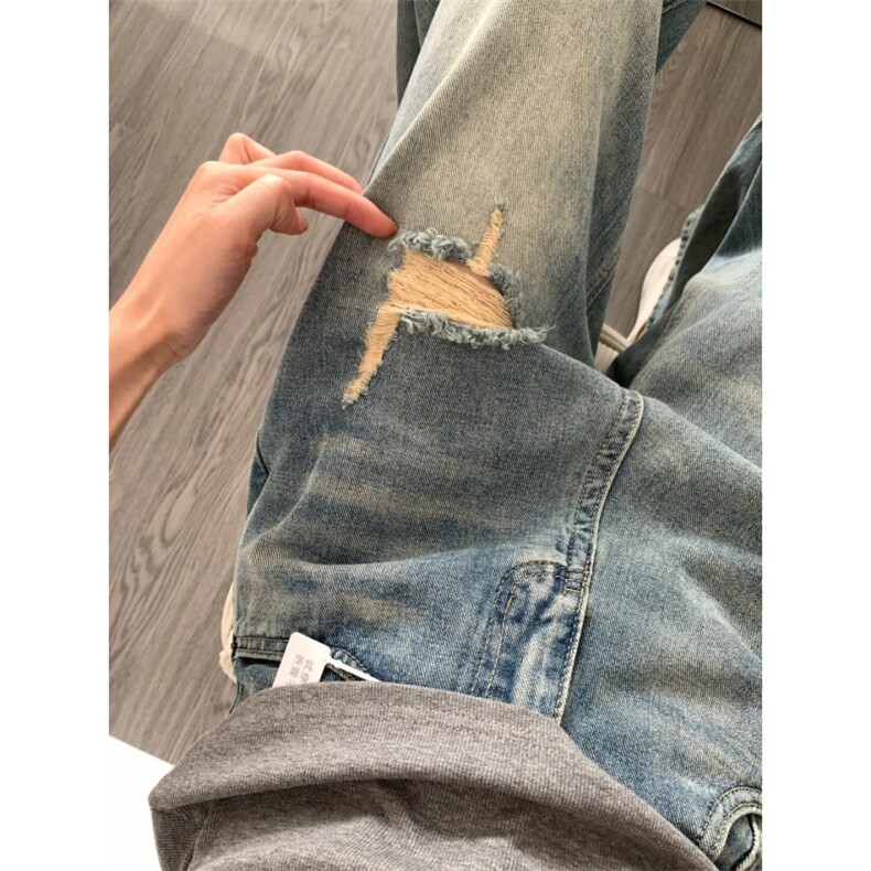 美式高街做旧破洞牛仔裤设计感不规则瘦阔腿长裤,男装牛仔裤,星座1018A