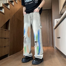 港风夏款男牛仔裤喷漆扎染印花破洞工装织带直筒长裤NK002P50，男装牛仔裤，星座1013-1