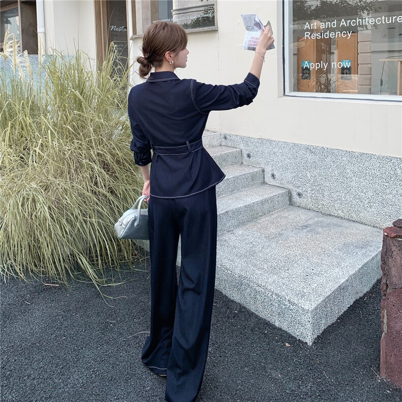 （新款现货）2026春装时尚天丝牛仔阔腿裤套装两件套（配腰带）,女装套装/套裙,印象茜