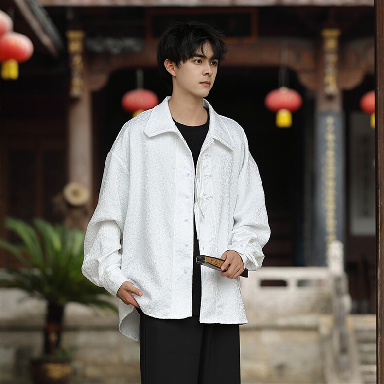 文艺复古森系新中式原创宽松设计衬衣手工扣提花长袖衬衫30511,男装衬衫,星座305A（原312A-1）
