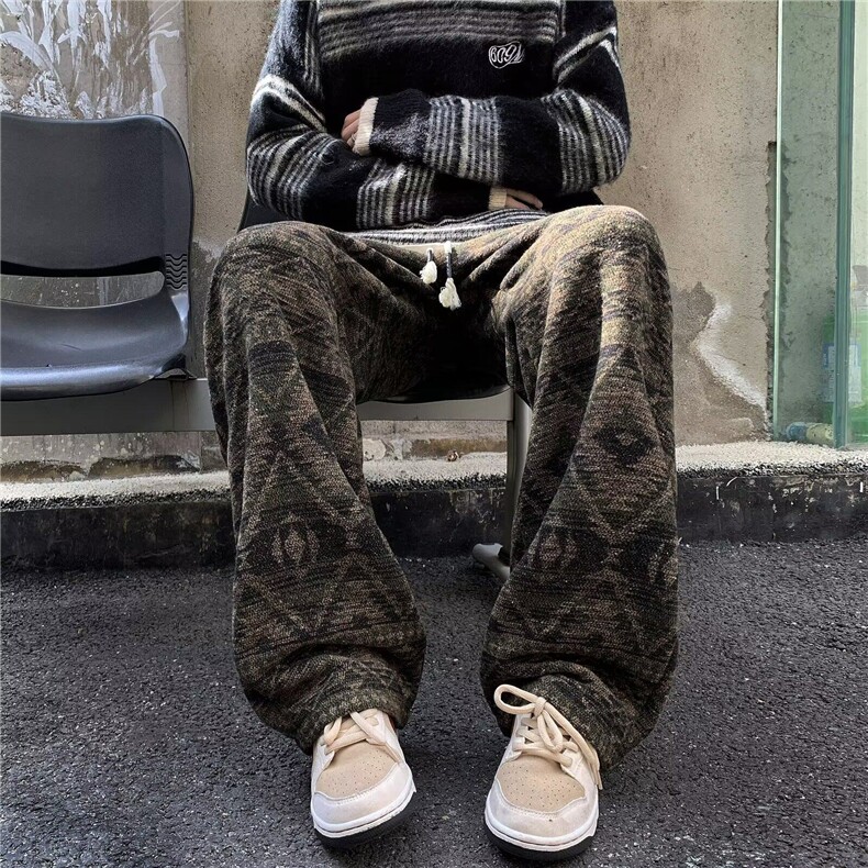 针织脏脏风裤子男冬季民族风提花阔腿裤美式直筒休闲裤K5978-P50，男装休闲裤，星座412-3