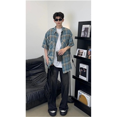 格子衬衫男长袖春秋季复古高街潮牌休闲宽松翻领衬衣C4068，男装衬衫，星座1116A（原606A-3）