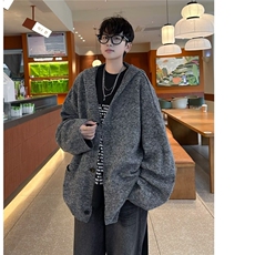 深灰色开衫毛衣男秋冬季美式休闲潮牌宽松慵懒风情侣连帽针织外套，男装针织衫/毛衣，星座601-1