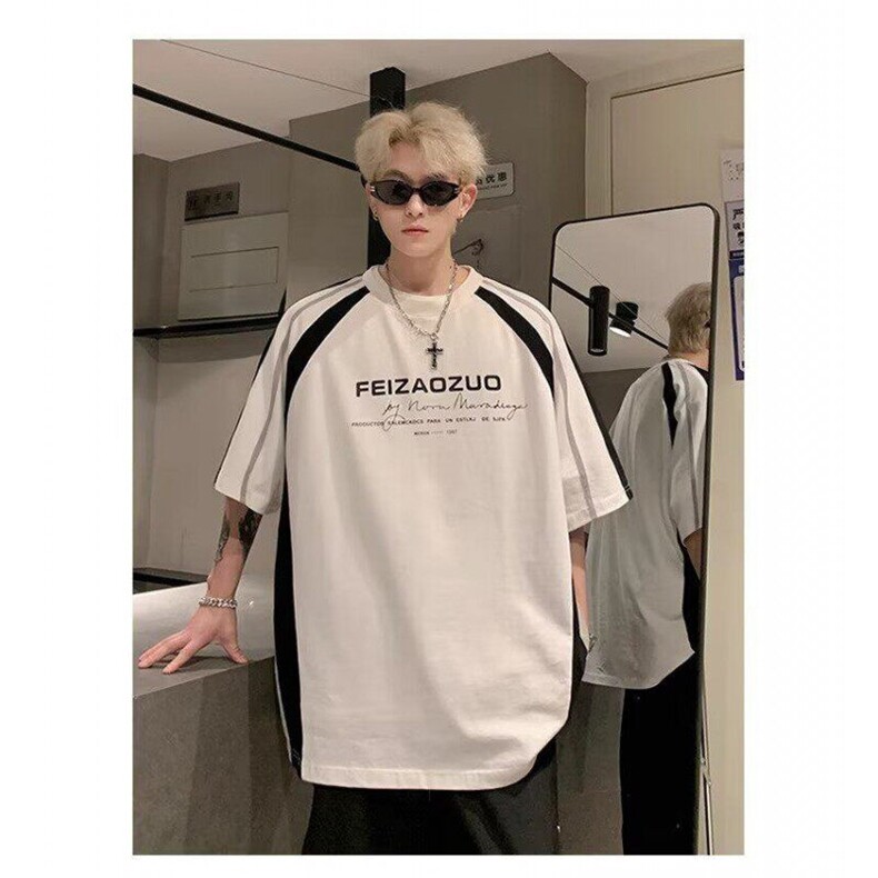 插肩袖t恤男款夏季美式机车服高级感t恤拼接潮牌小领口重磅上衣服,男装T恤,星座506A