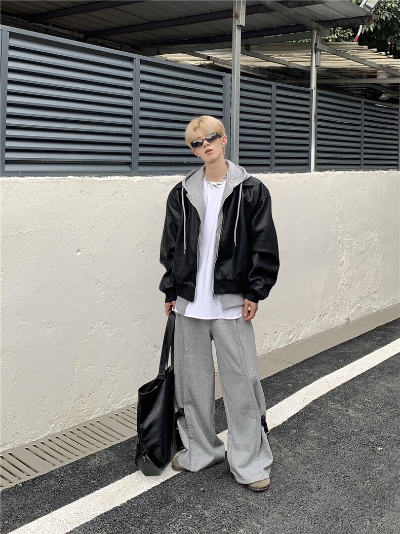 PY10-P105春秋美式假两件皮衣外套男女宽松连帽皮夹克,男装夹克,电商B327