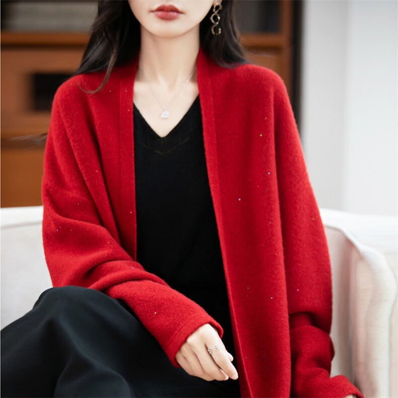 法式高端轻奢纯羊毛针织miu系开衫女外套披肩2025新珠片闪亮披风,女装羊毛衫,昭美羊绒