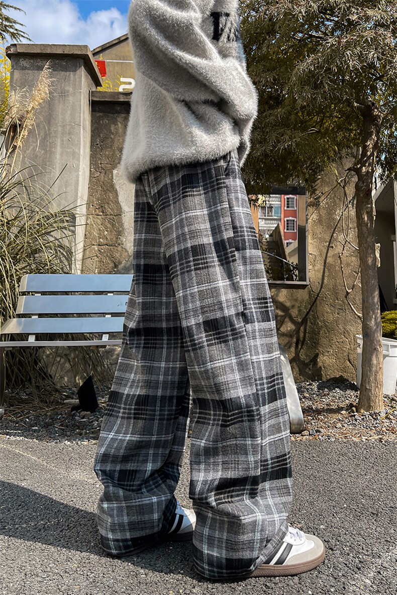 8XL-M毛呢复古格子裤宽松休闲加绒慵懒风直筒阔腿裤K9118P60控78,男装休闲裤,电商D206-1