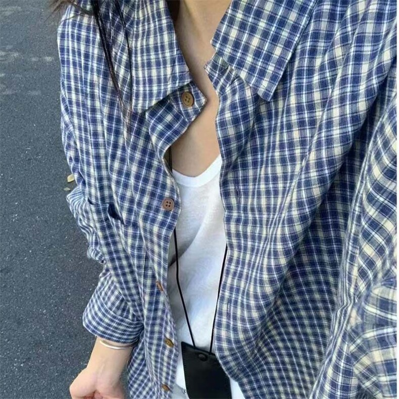 韩系蓝色格子长袖衬衫男女宽松慵懒风衬衣特批2648-CS37,男装衬衫,星座402-2