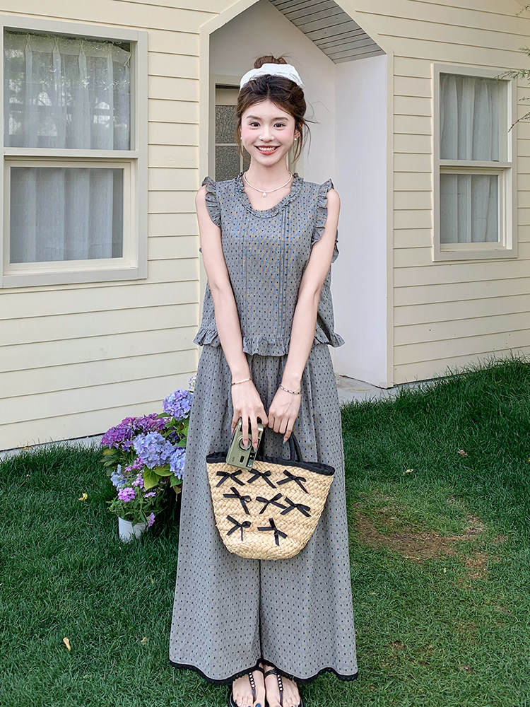 灰色波点无袖衬衫阔腿裤套装女夏2025新款流行两件套巨好看爆款,女装套装/套裙,浙宝220