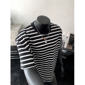 现货高品质 大码夏季条纹圆领短袖男女宽松海魂衫上衣T2510-P35图片