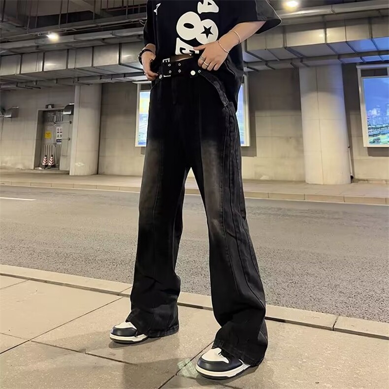 黑色微喇牛仔裤男高街hiphop裤子宽松直筒+腰带1001-1-5066-p45,男装牛仔裤,星座1001-1