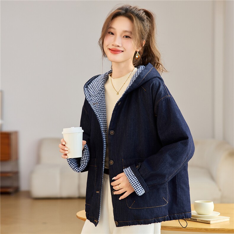 叶笙衣82591牛仔里布格子加棉外套,女装棉衣/棉服,叶笙衣