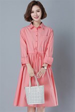 2025年秋季纯色长袖翻领系带宽松收腰棉衬衣系带女裙，女装连衣裙，风姿绰