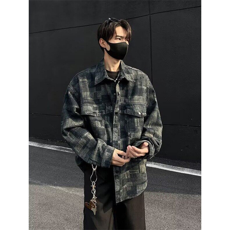 复古格纹牛仔外套男春秋季潮牌休闲衬衫翻领夹克男上衣服3595P72,男装衬衫,星座410-2